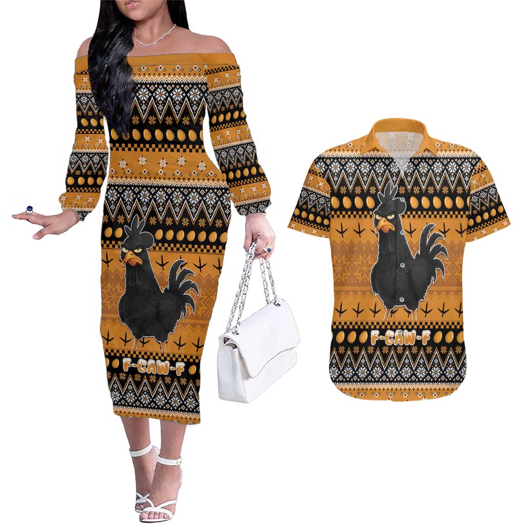 Chicken Christmas Couples Matching Off The Shoulder Long Sleeve Dress and Hawaiian Shirt F Caw F - Wonder Print Shop