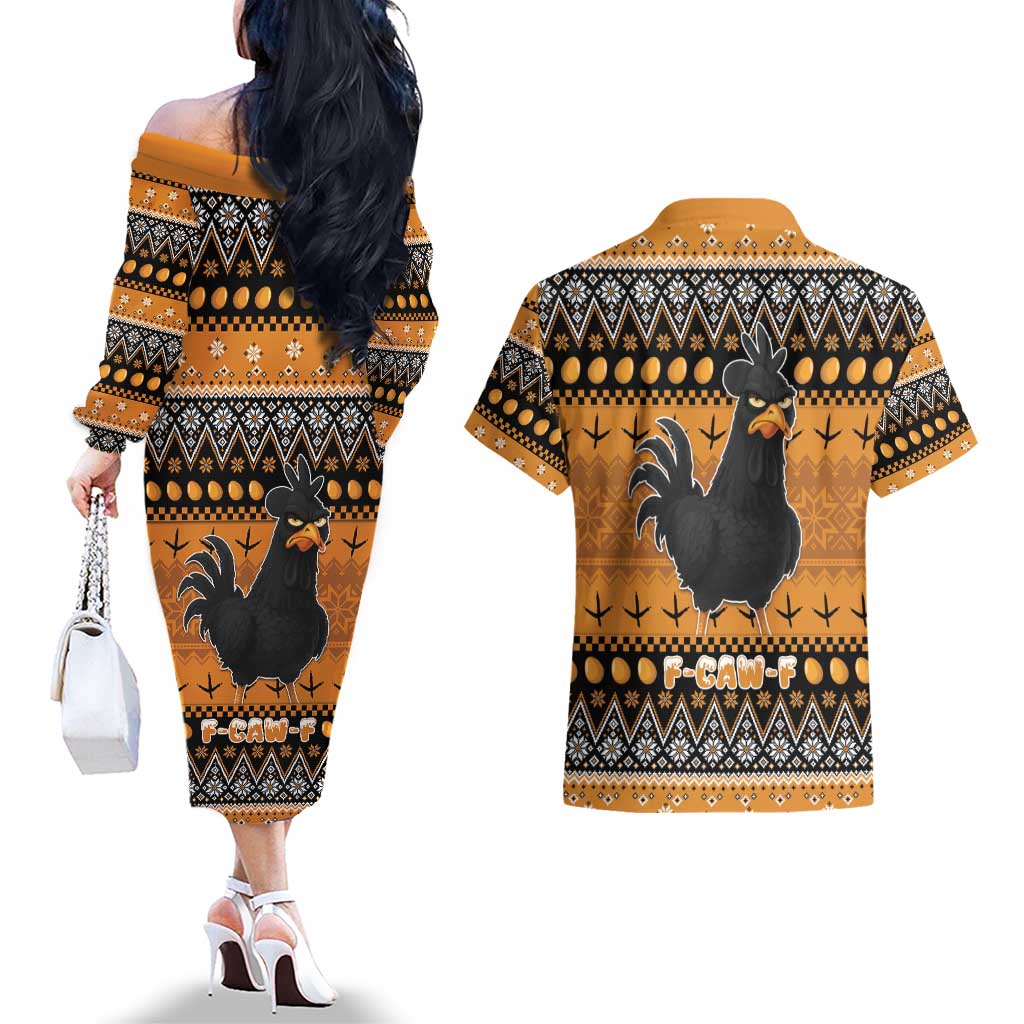 Chicken Christmas Couples Matching Off The Shoulder Long Sleeve Dress and Hawaiian Shirt F Caw F - Wonder Print Shop