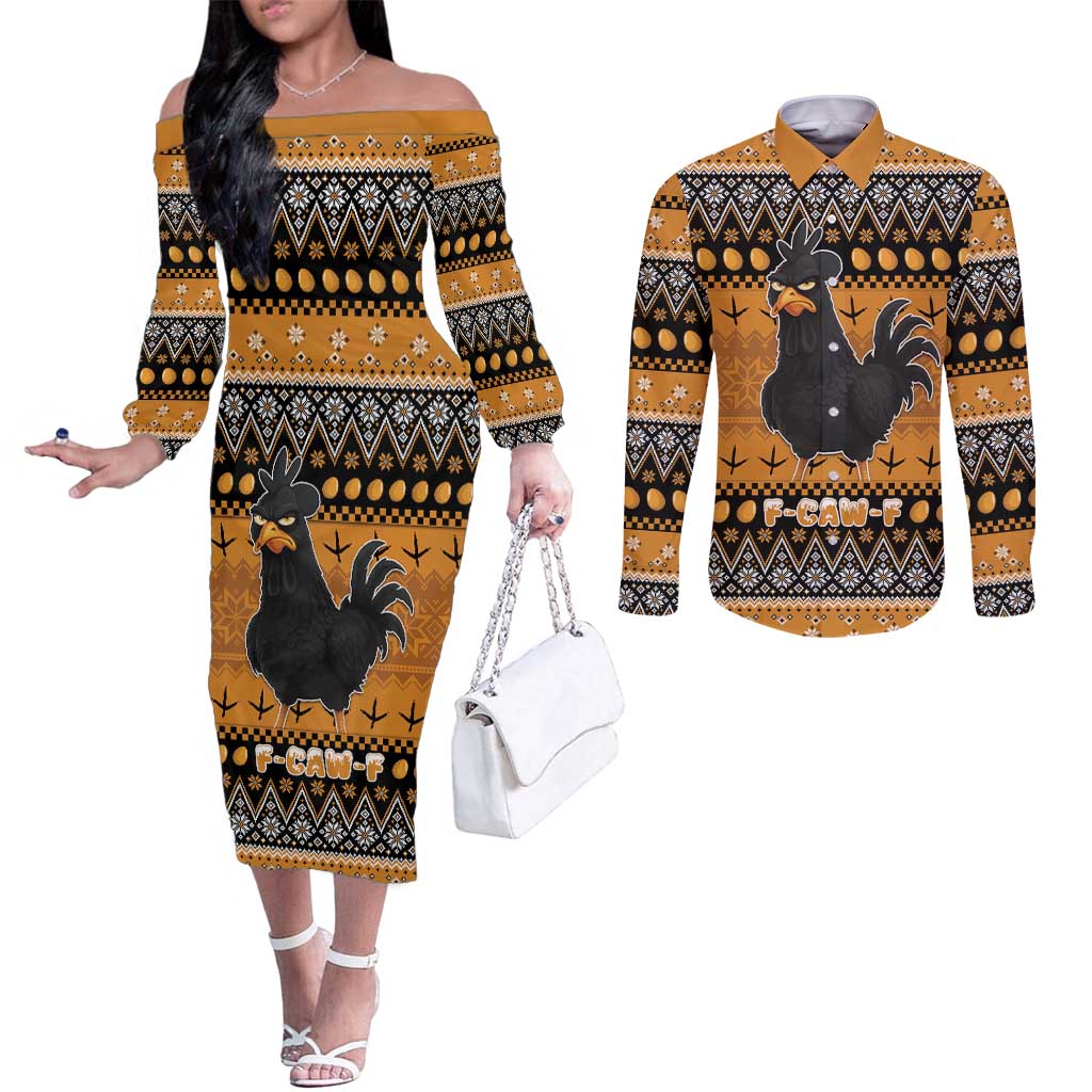 Chicken Christmas Couples Matching Off The Shoulder Long Sleeve Dress and Long Sleeve Button Shirt F Caw F - Wonder Print Shop