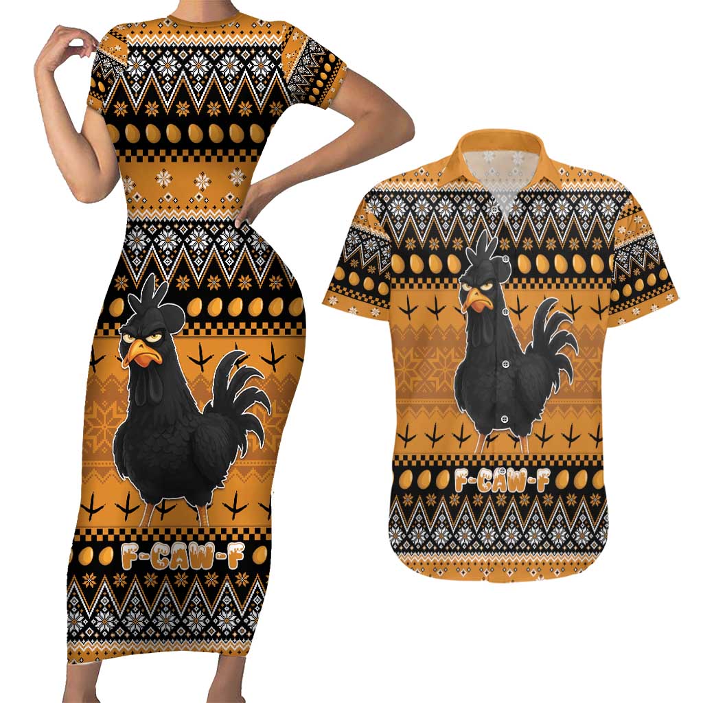 Chicken Christmas Couples Matching Short Sleeve Bodycon Dress and Hawaiian Shirt F Caw F - Wonder Print Shop