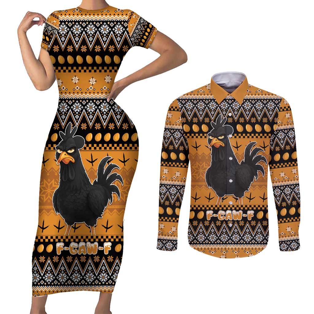 Chicken Christmas Couples Matching Short Sleeve Bodycon Dress and Long Sleeve Button Shirt F Caw F - Wonder Print Shop