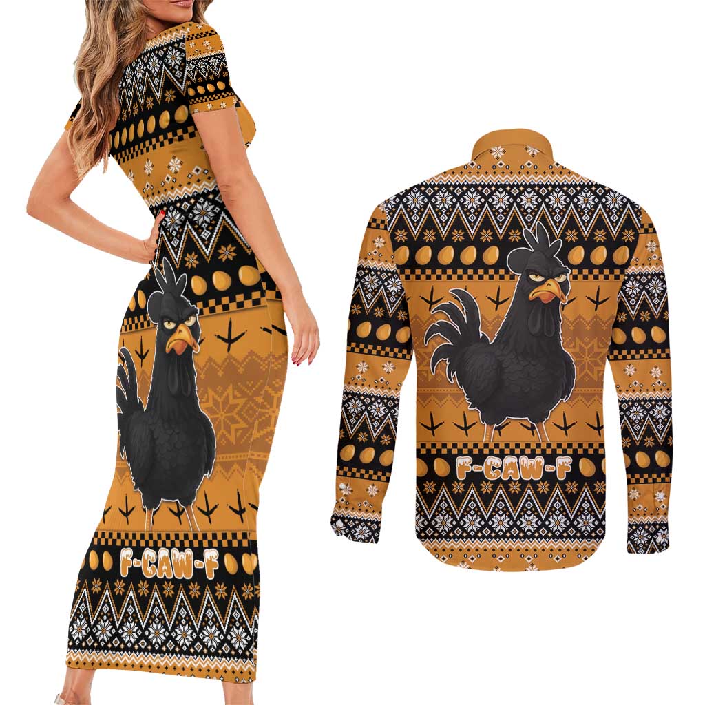 Chicken Christmas Couples Matching Short Sleeve Bodycon Dress and Long Sleeve Button Shirt F Caw F - Wonder Print Shop