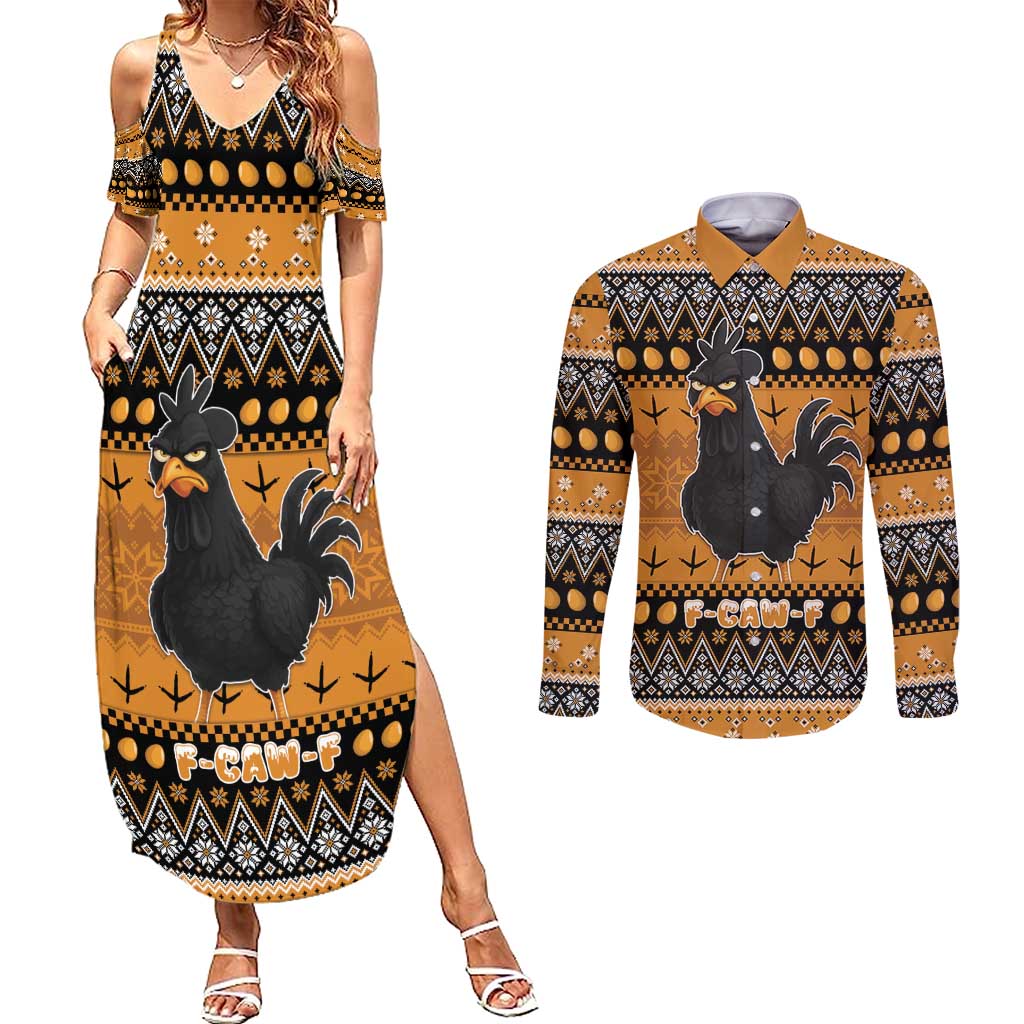 Chicken Christmas Couples Matching Summer Maxi Dress and Long Sleeve Button Shirt F Caw F - Wonder Print Shop