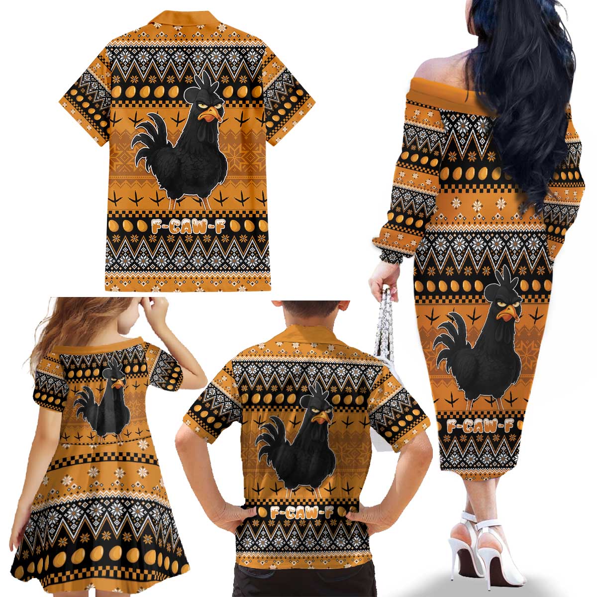 Chicken Christmas Family Matching Off The Shoulder Long Sleeve Dress and Hawaiian Shirt F Caw F - Wonder Print Shop