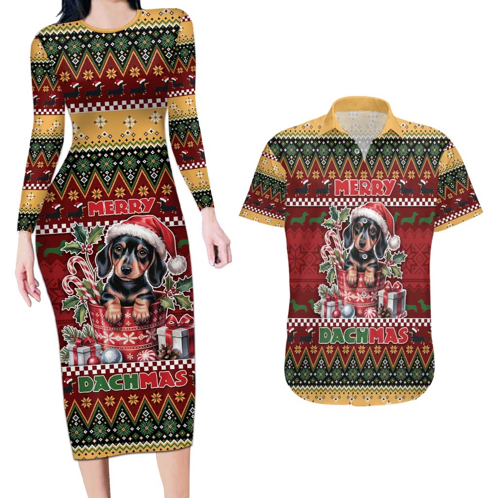 Dachshund Christmas Couples Matching Long Sleeve Bodycon Dress and Hawaiian Shirt Merry Dachmas - Wonder Print Shop