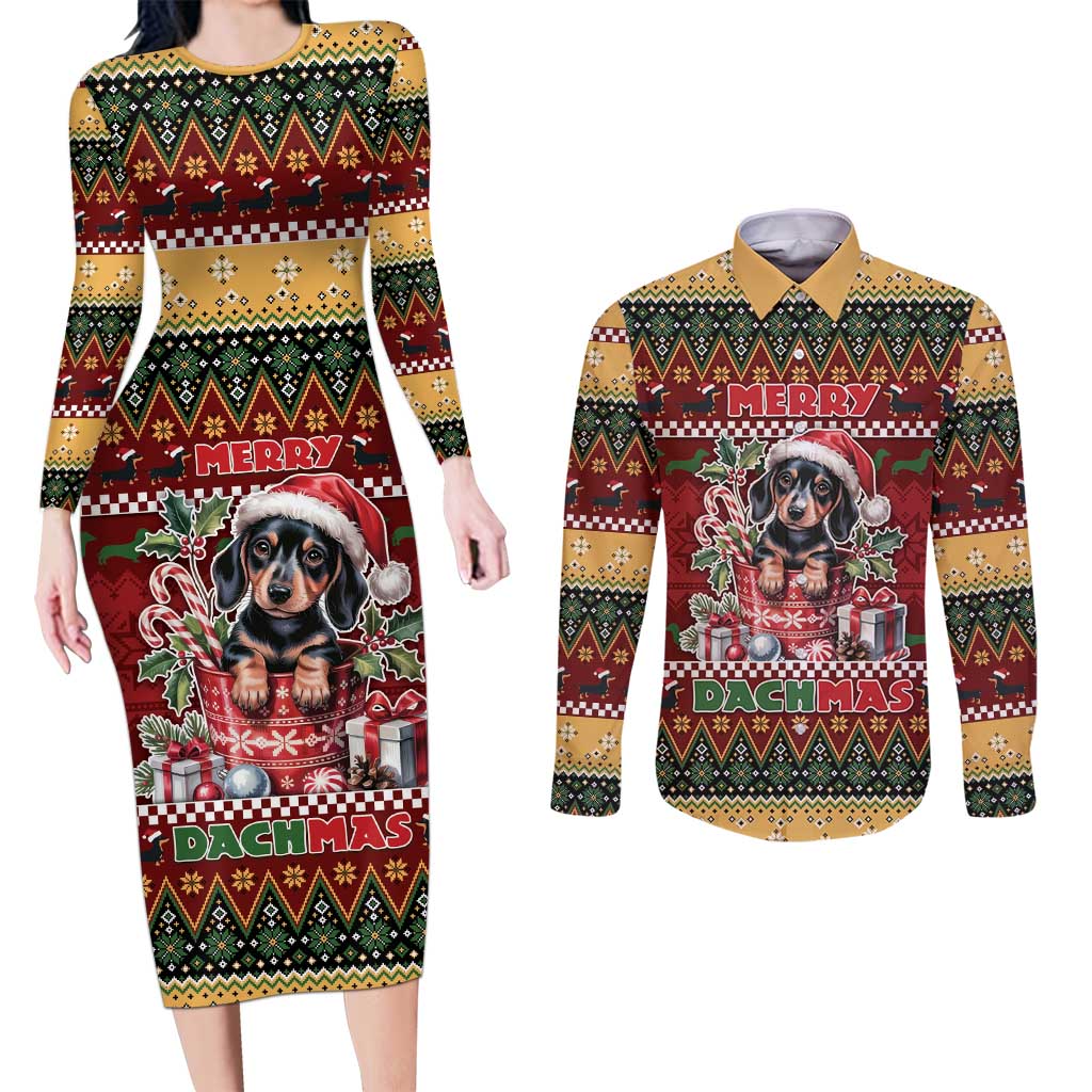 Dachshund Christmas Couples Matching Long Sleeve Bodycon Dress and Long Sleeve Button Shirt Merry Dachmas - Wonder Print Shop
