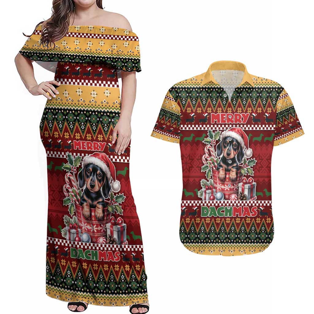 Dachshund Christmas Couples Matching Off Shoulder Maxi Dress and Hawaiian Shirt Merry Dachmas - Wonder Print Shop