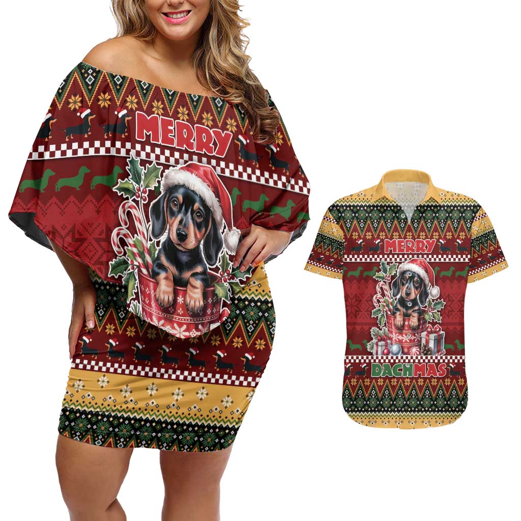 Dachshund Christmas Couples Matching Off Shoulder Short Dress and Hawaiian Shirt Merry Dachmas - Wonder Print Shop