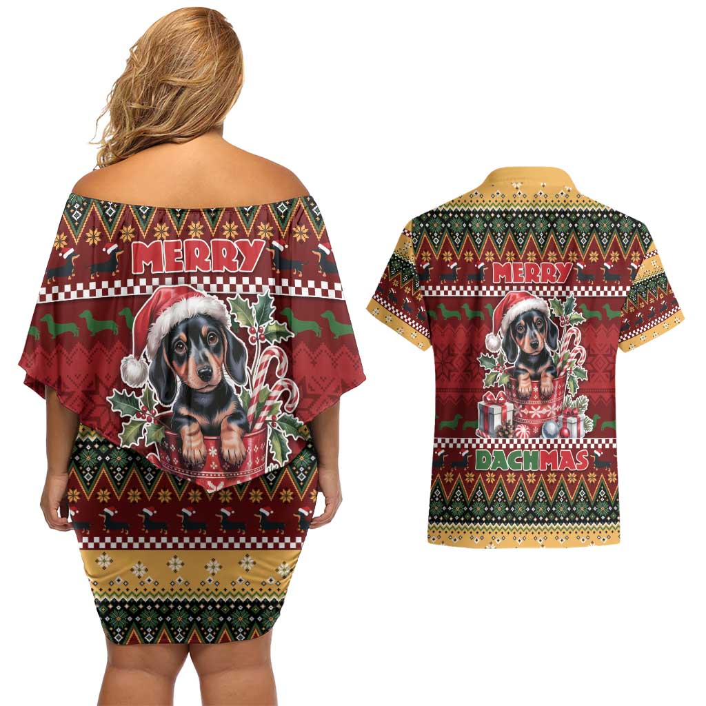 Dachshund Christmas Couples Matching Off Shoulder Short Dress and Hawaiian Shirt Merry Dachmas - Wonder Print Shop