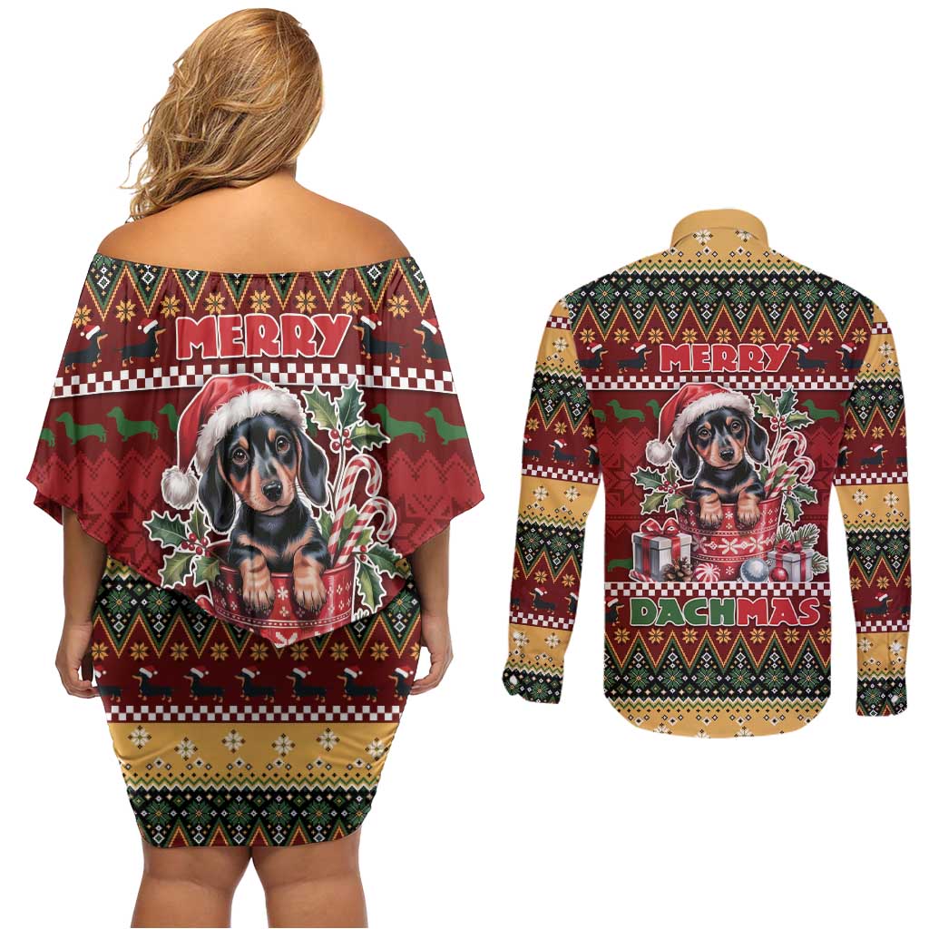 Dachshund Christmas Couples Matching Off Shoulder Short Dress and Long Sleeve Button Shirt Merry Dachmas - Wonder Print Shop