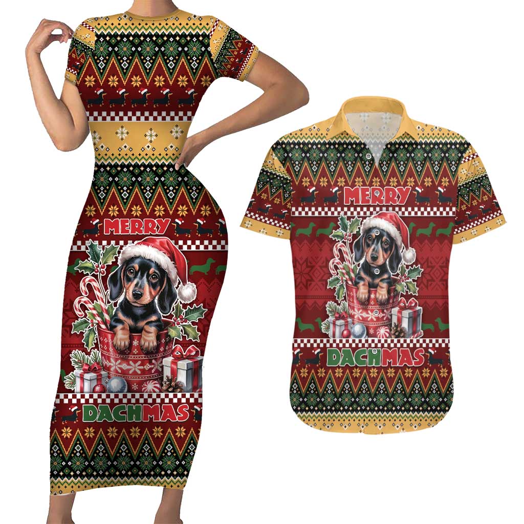 Dachshund Christmas Couples Matching Short Sleeve Bodycon Dress and Hawaiian Shirt Merry Dachmas - Wonder Print Shop