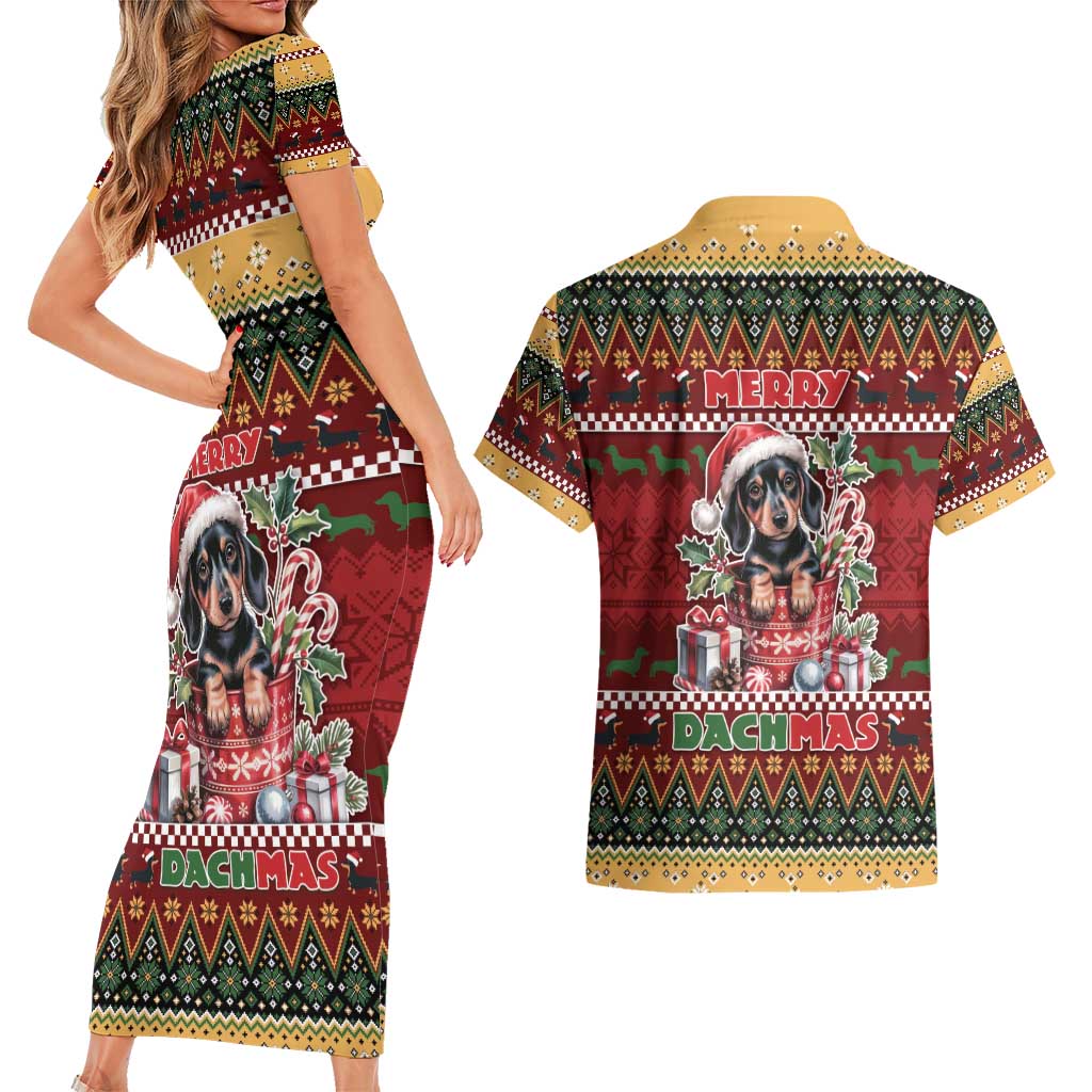 Dachshund Christmas Couples Matching Short Sleeve Bodycon Dress and Hawaiian Shirt Merry Dachmas - Wonder Print Shop