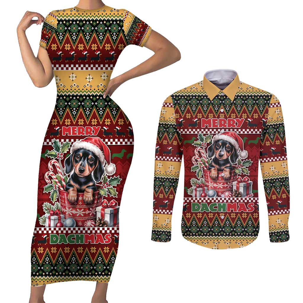 Dachshund Christmas Couples Matching Short Sleeve Bodycon Dress and Long Sleeve Button Shirt Merry Dachmas - Wonder Print Shop