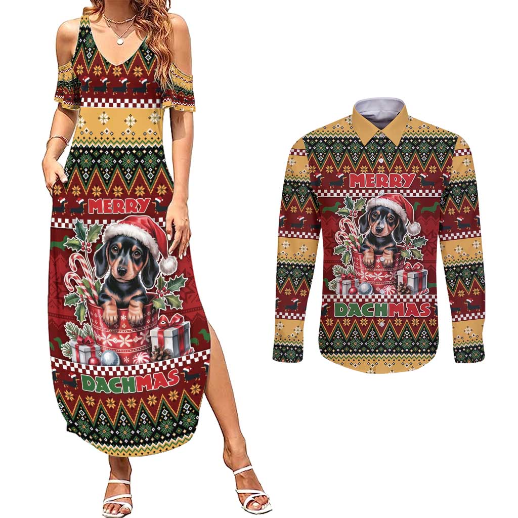 Dachshund Christmas Couples Matching Summer Maxi Dress and Long Sleeve Button Shirt Merry Dachmas - Wonder Print Shop