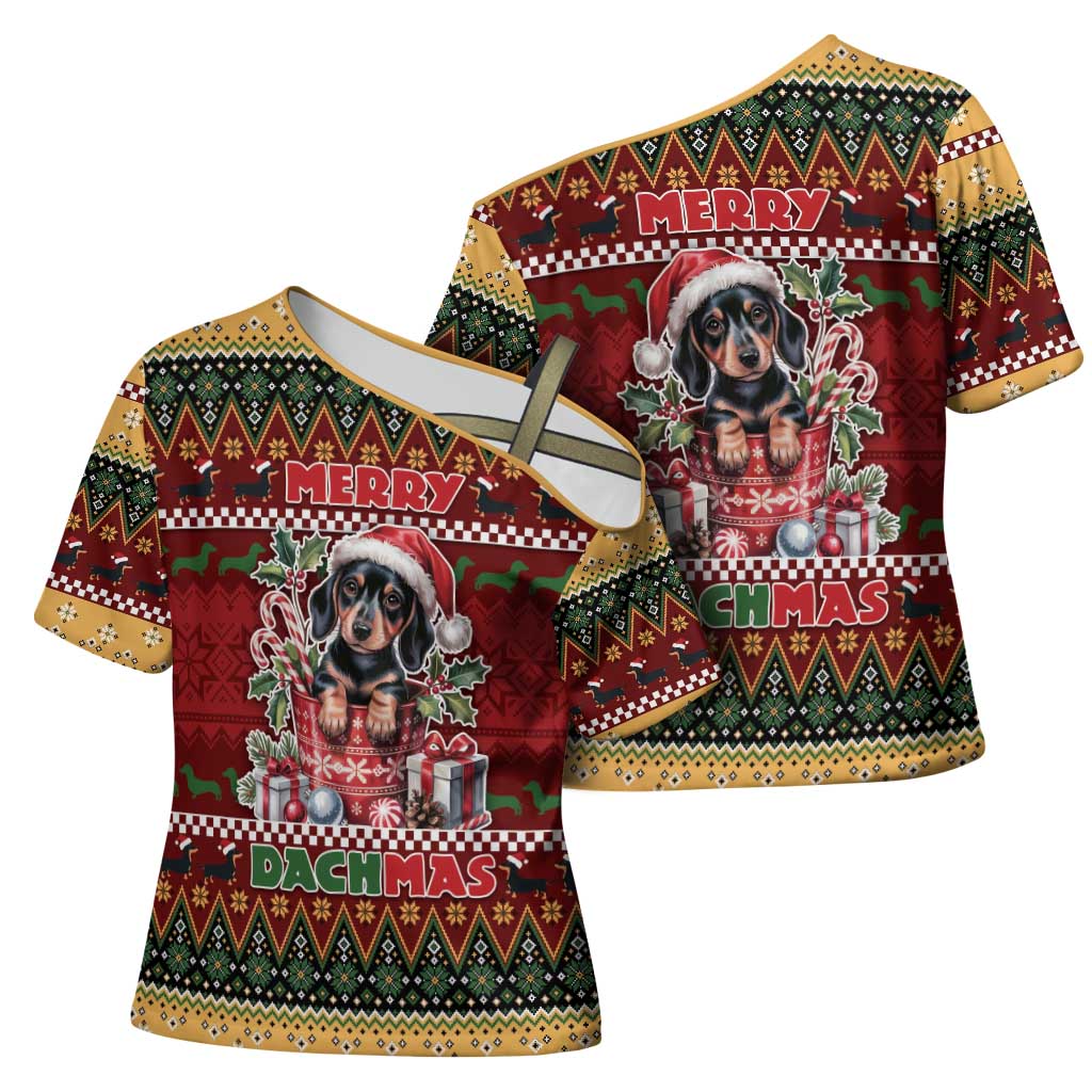 Dachshund Christmas Cross Shoulder Shirt Merry Dachmas - Wonder Print Shop