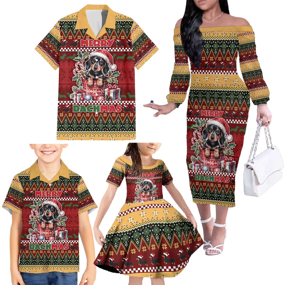 Dachshund Christmas Family Matching Off The Shoulder Long Sleeve Dress and Hawaiian Shirt Merry Dachmas - Wonder Print Shop