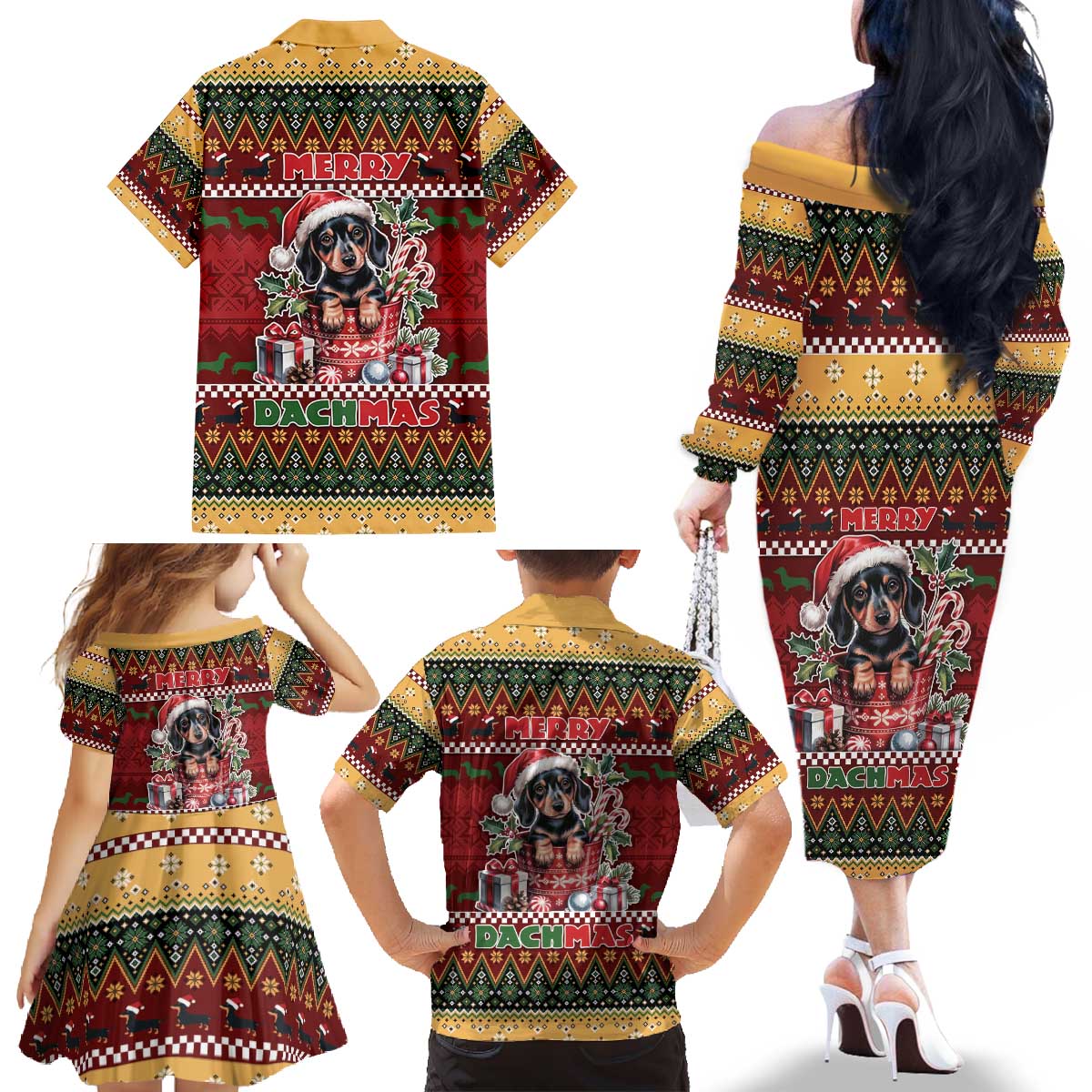 Dachshund Christmas Family Matching Off The Shoulder Long Sleeve Dress and Hawaiian Shirt Merry Dachmas - Wonder Print Shop