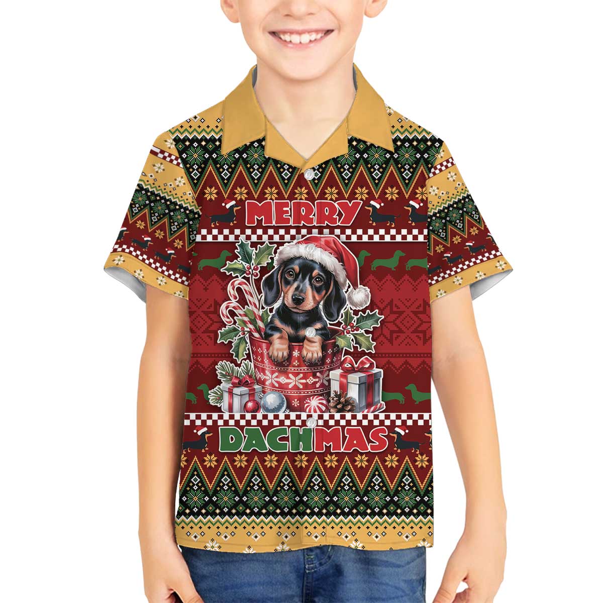 Dachshund Christmas Family Matching Off The Shoulder Long Sleeve Dress and Hawaiian Shirt Merry Dachmas - Wonder Print Shop