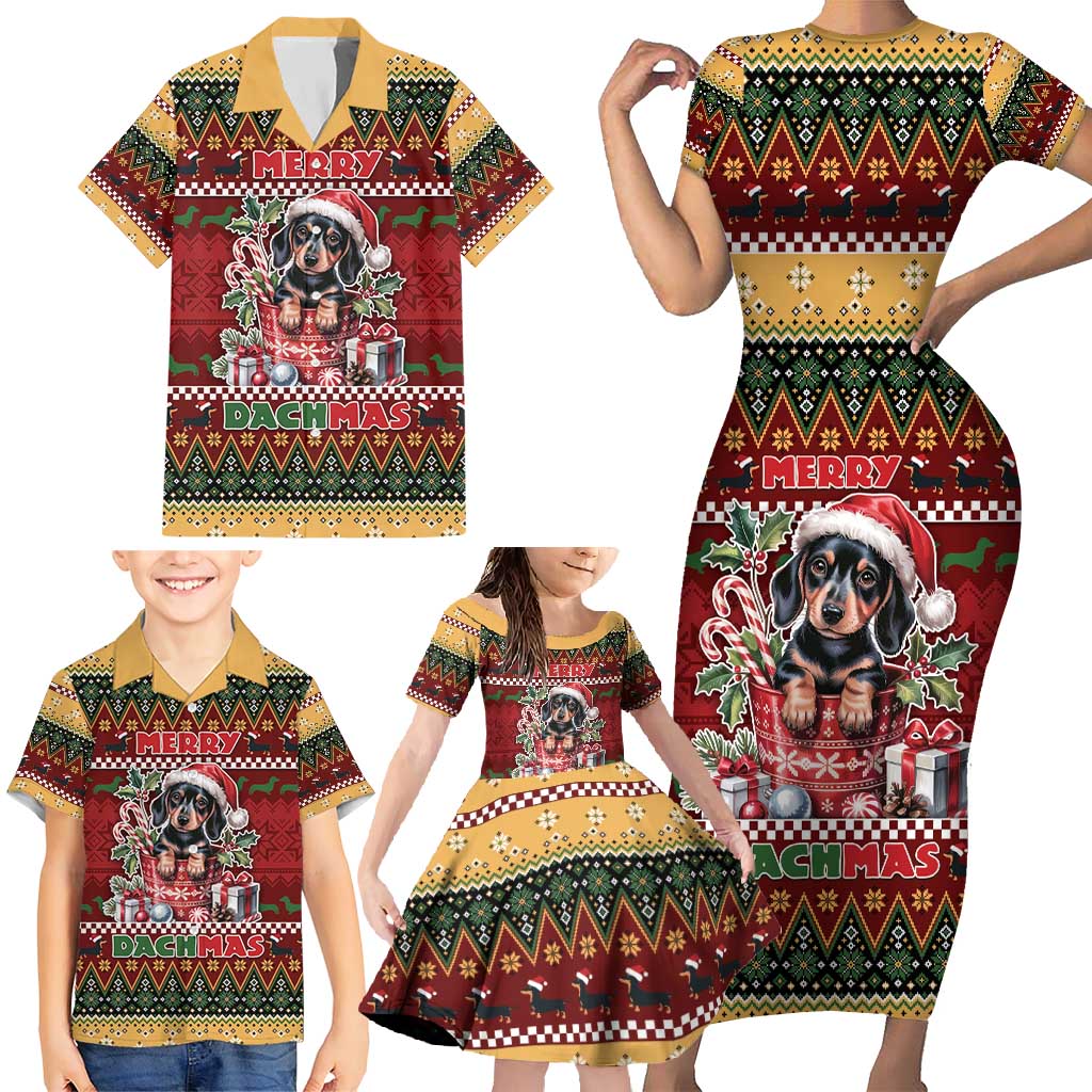 Dachshund Christmas Family Matching Short Sleeve Bodycon Dress and Hawaiian Shirt Merry Dachmas - Wonder Print Shop