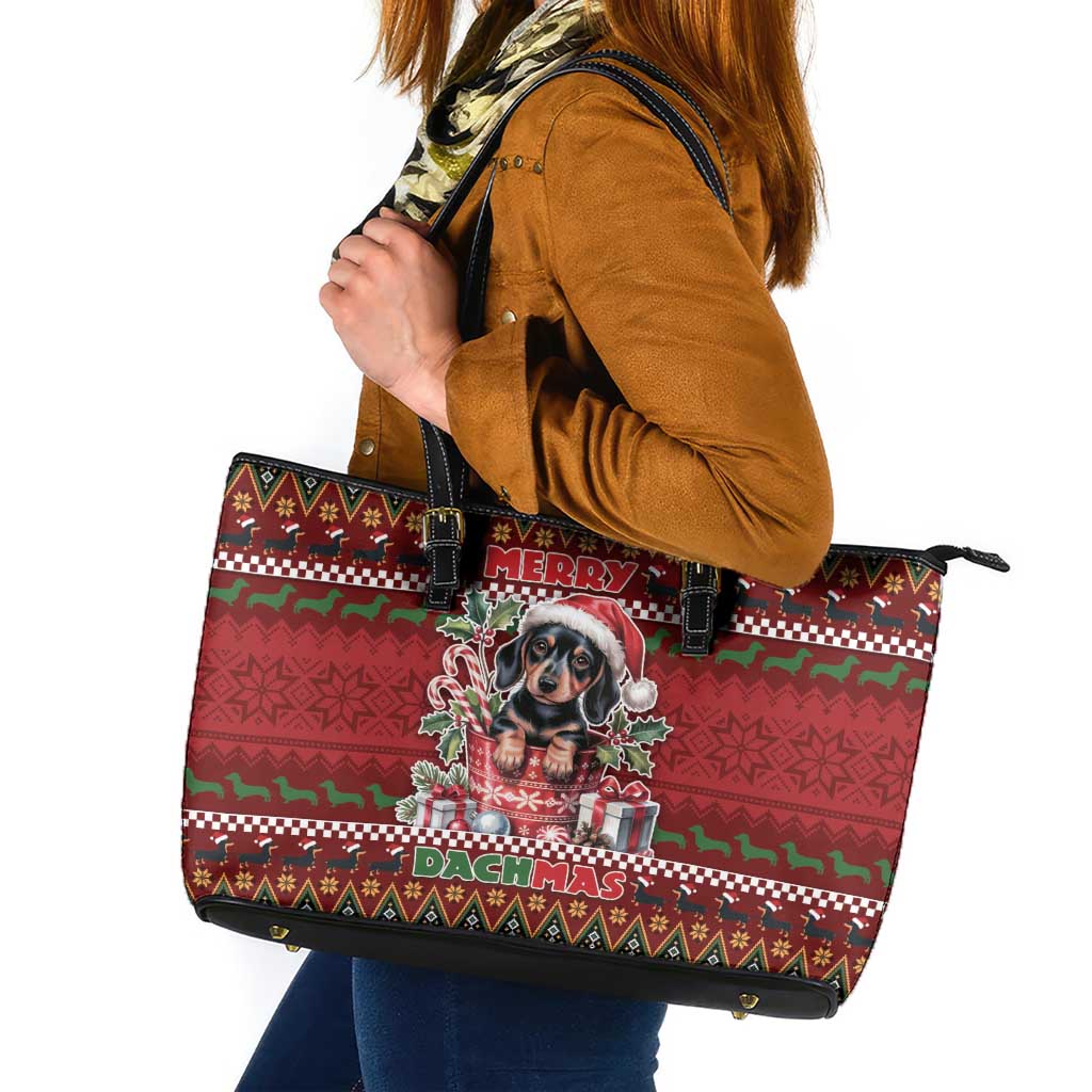 Dachshund Christmas Leather Tote Bag Merry Dachmas - Wonder Print Shop