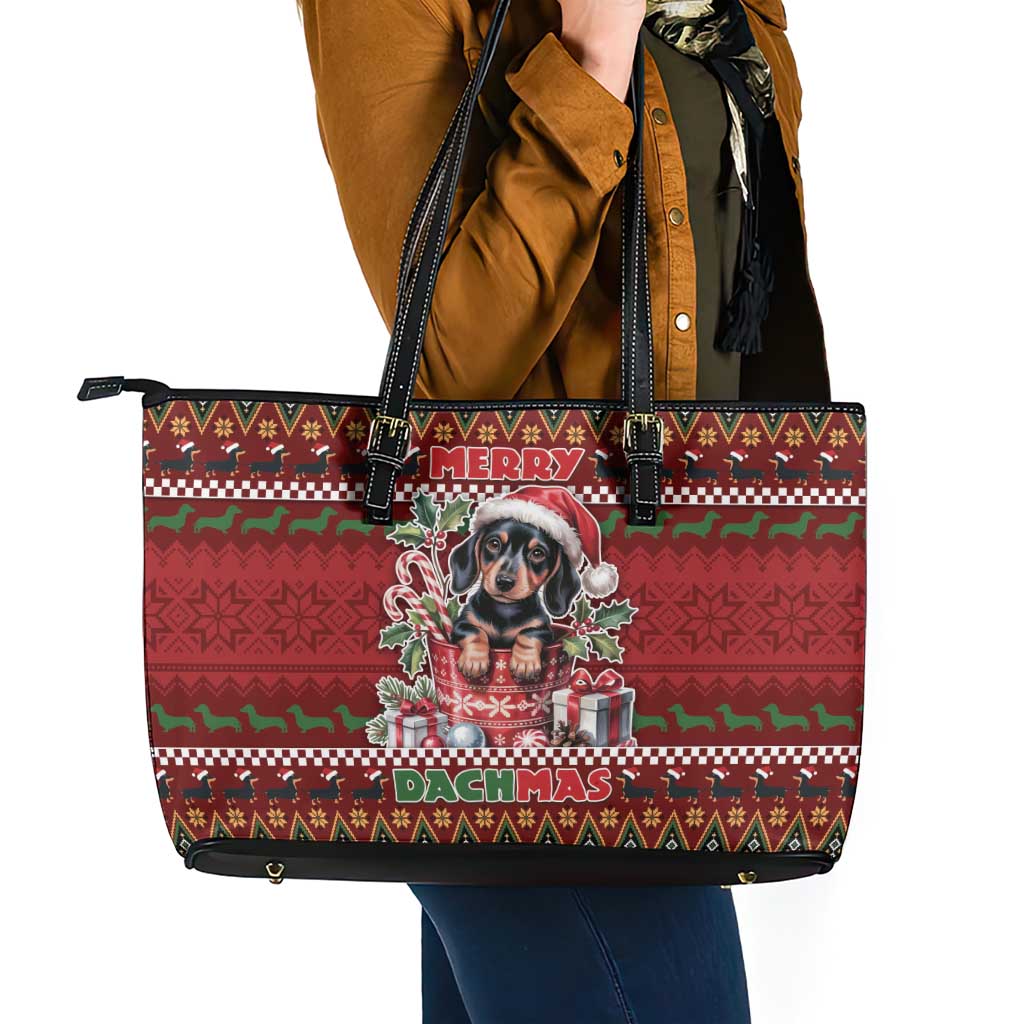 Dachshund Christmas Leather Tote Bag Merry Dachmas - Wonder Print Shop