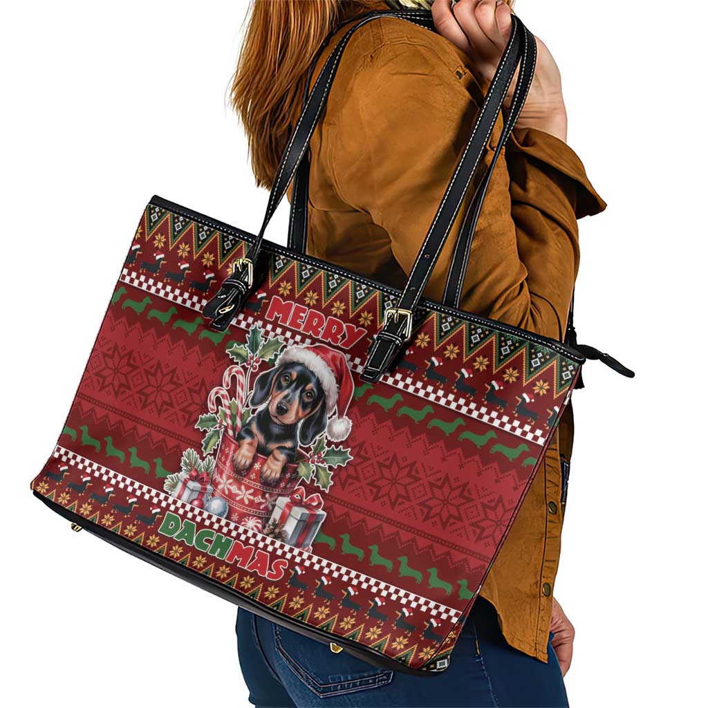 Dachshund Christmas Leather Tote Bag Merry Dachmas - Wonder Print Shop