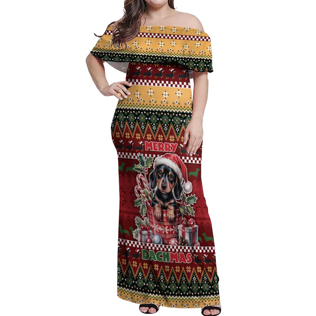Dachshund Christmas Off Shoulder Maxi Dress Merry Dachmas - Wonder Print Shop