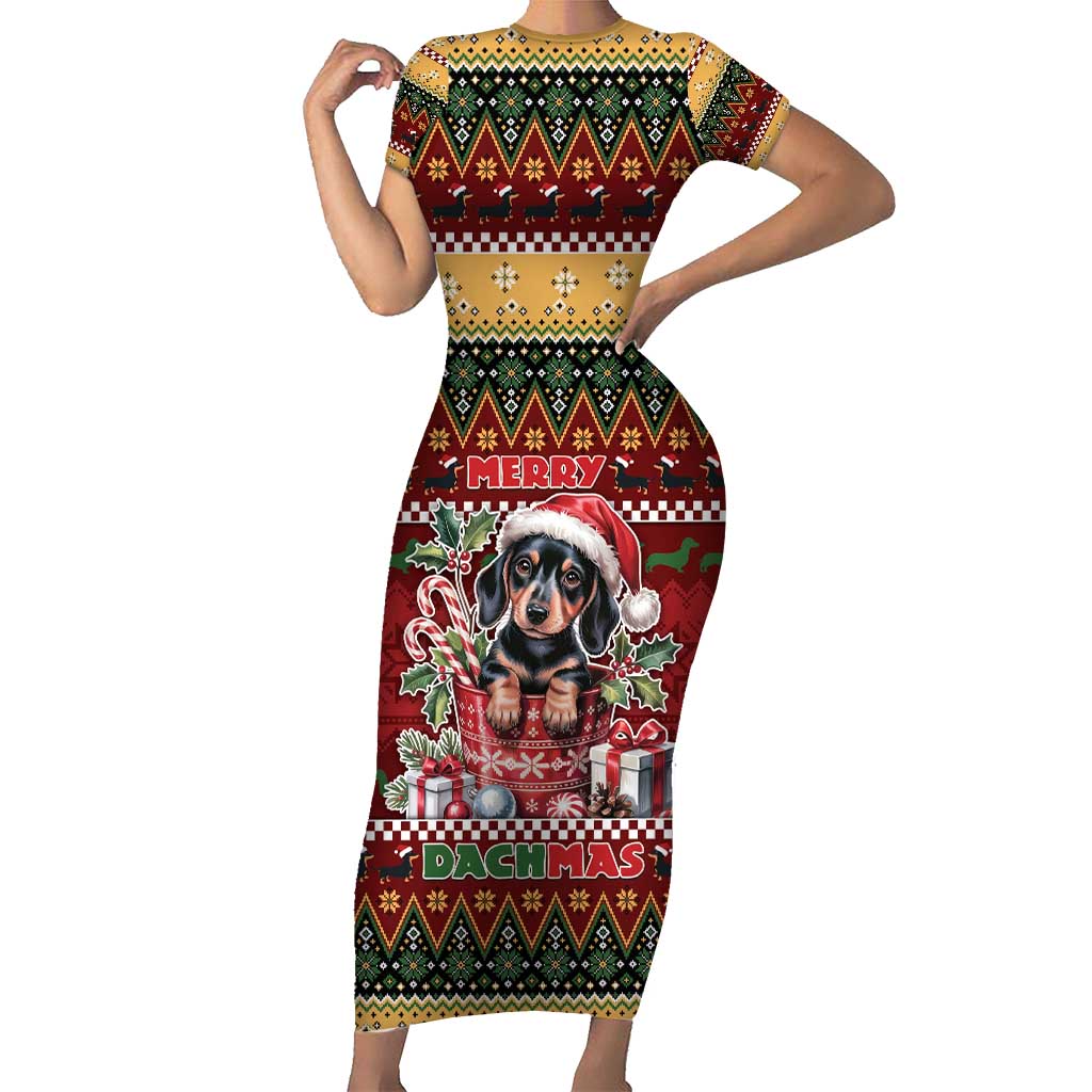 Dachshund Christmas Short Sleeve Bodycon Dress Merry Dachmas - Wonder Print Shop