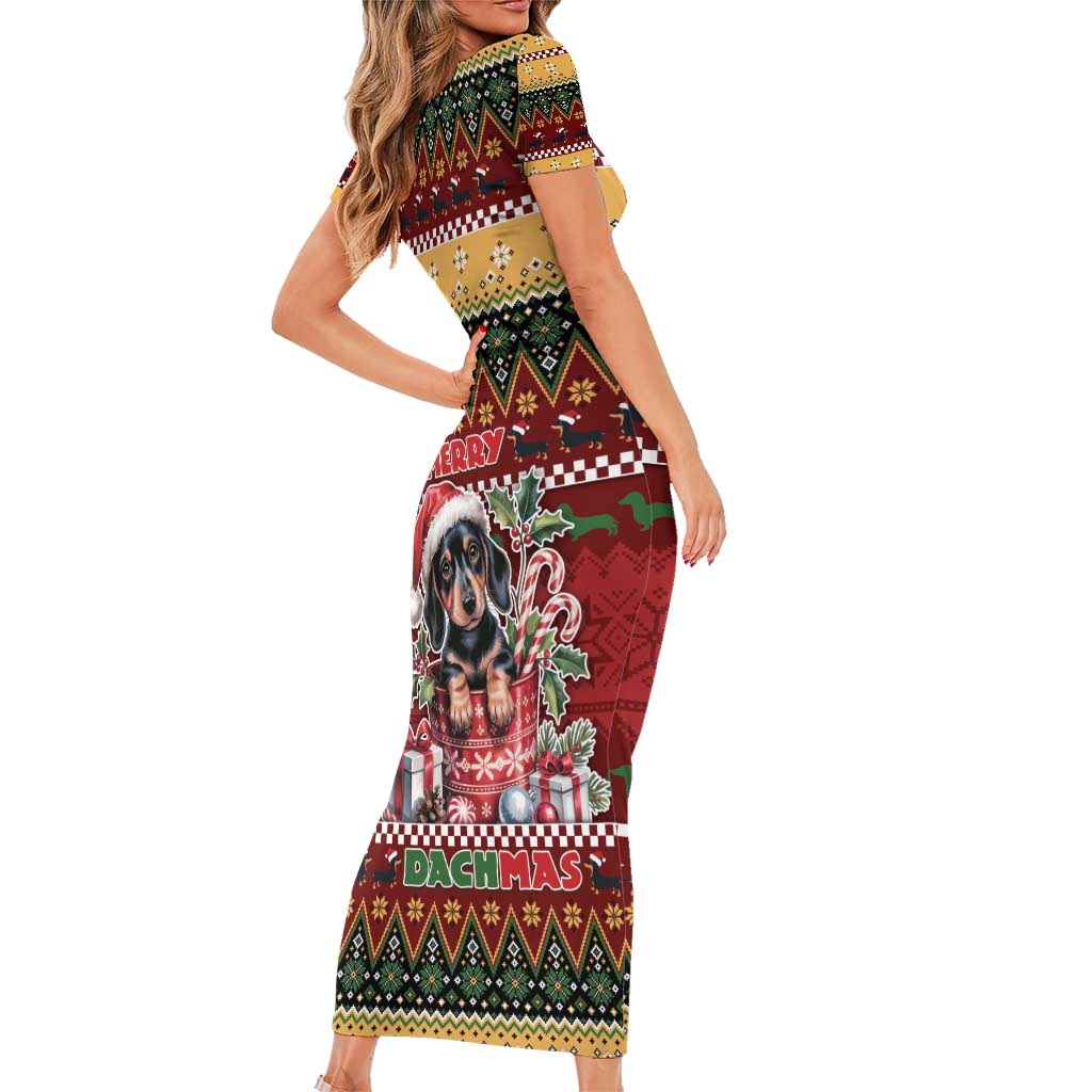 Dachshund Christmas Short Sleeve Bodycon Dress Merry Dachmas - Wonder Print Shop
