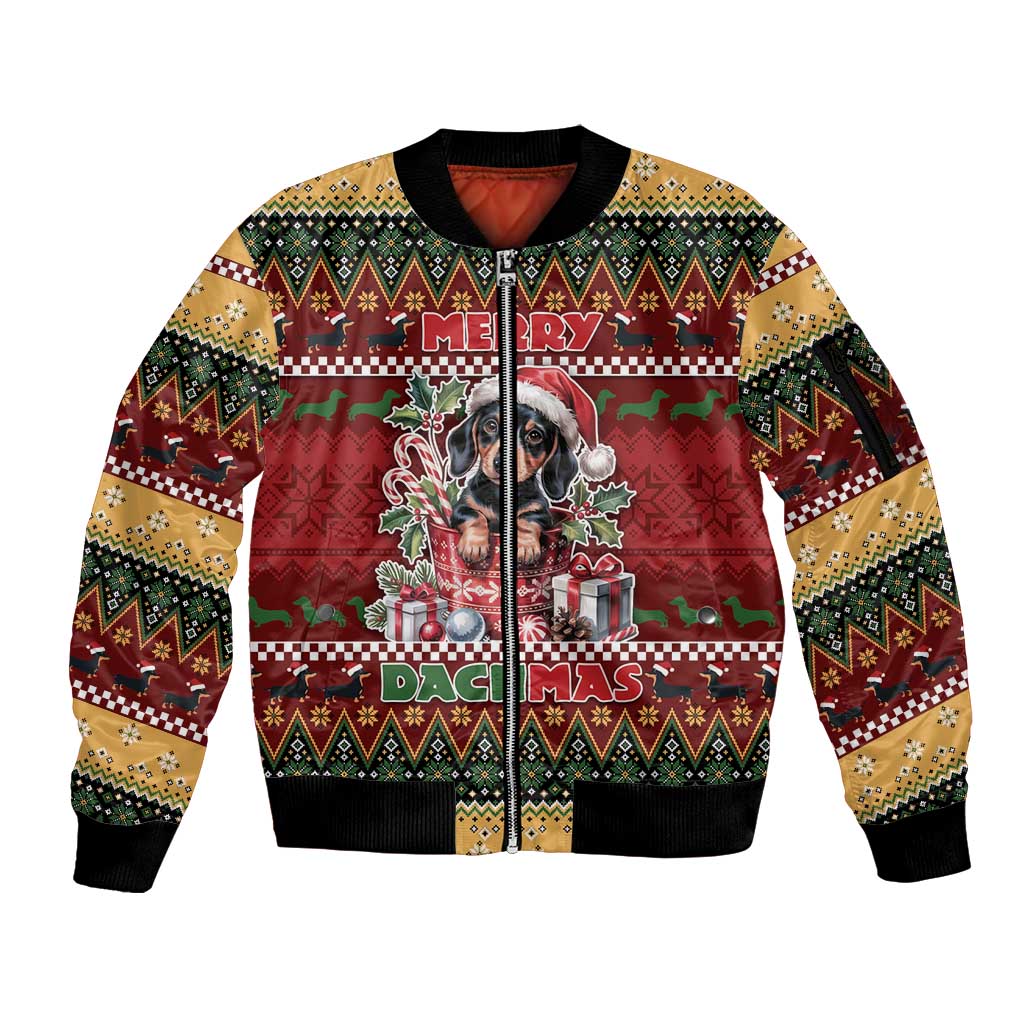 Dachshund Christmas Sleeve Zip Bomber Jacket Merry Dachmas - Wonder Print Shop
