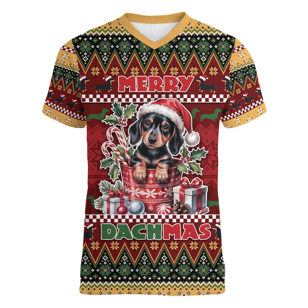 Dachshund Christmas Women V-Neck T-Shirt Merry Dachmas - Wonder Print Shop