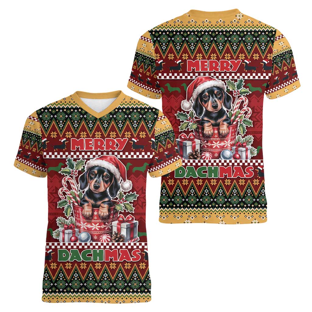 Dachshund Christmas Women V-Neck T-Shirt Merry Dachmas - Wonder Print Shop