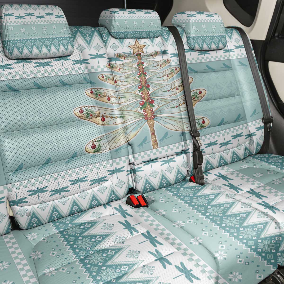Dragonfly Christmas Back Car Seat Cover Frosty Minty Xmas Tree - Wonder Print Shop