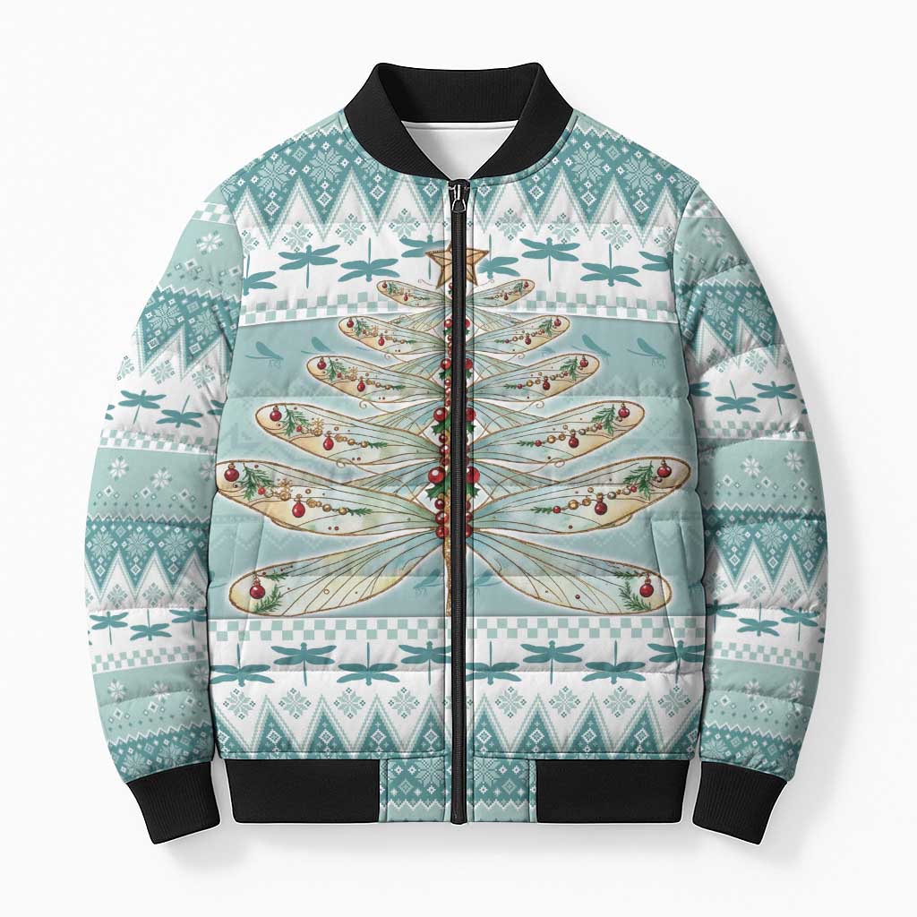 Dragonfly Christmas Bomber Puffer Jacket Frosty Minty Xmas Tree - Wonder Print Shop
