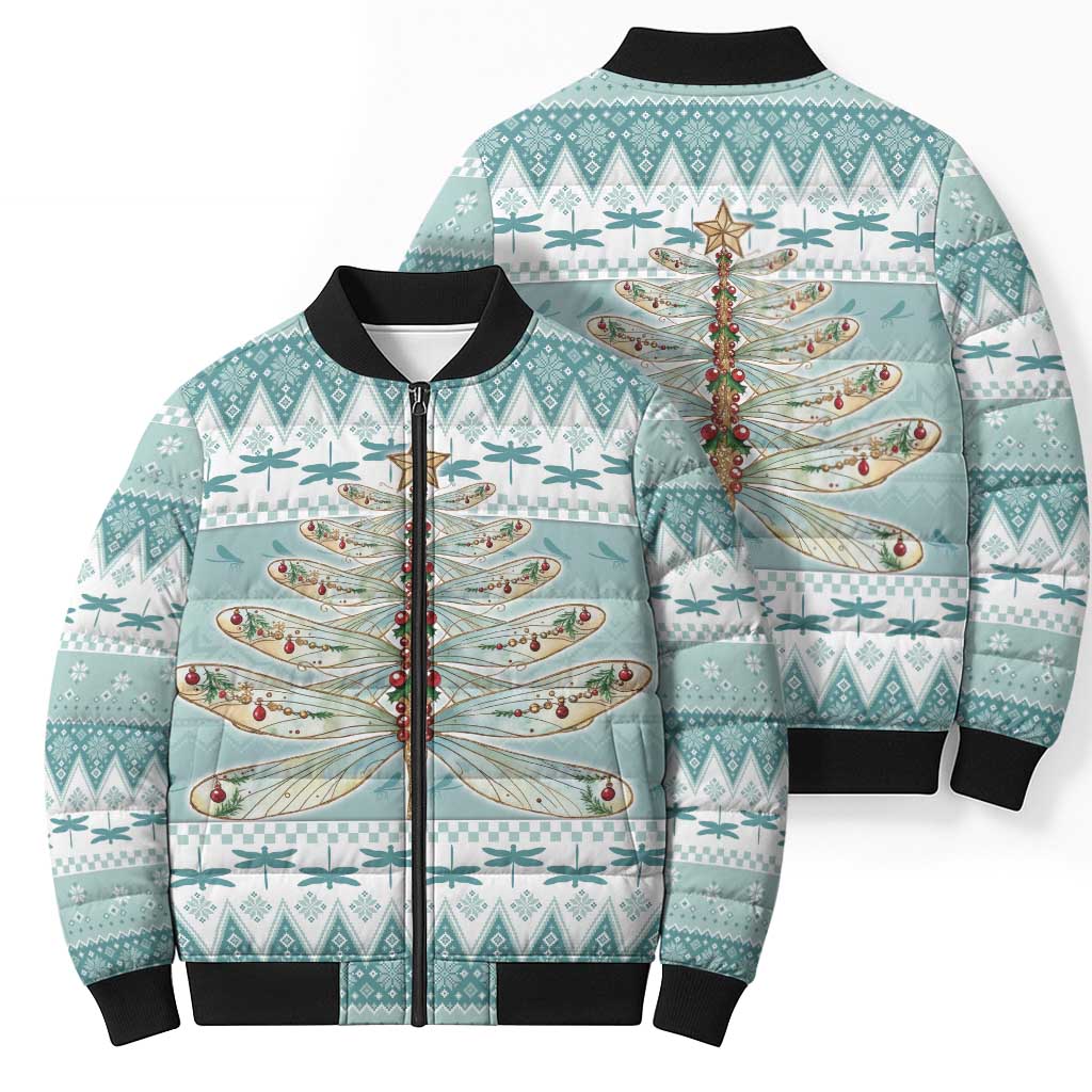 Dragonfly Christmas Bomber Puffer Jacket Frosty Minty Xmas Tree - Wonder Print Shop