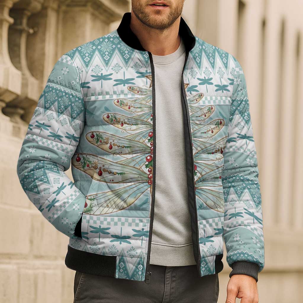 Dragonfly Christmas Bomber Puffer Jacket Frosty Minty Xmas Tree - Wonder Print Shop