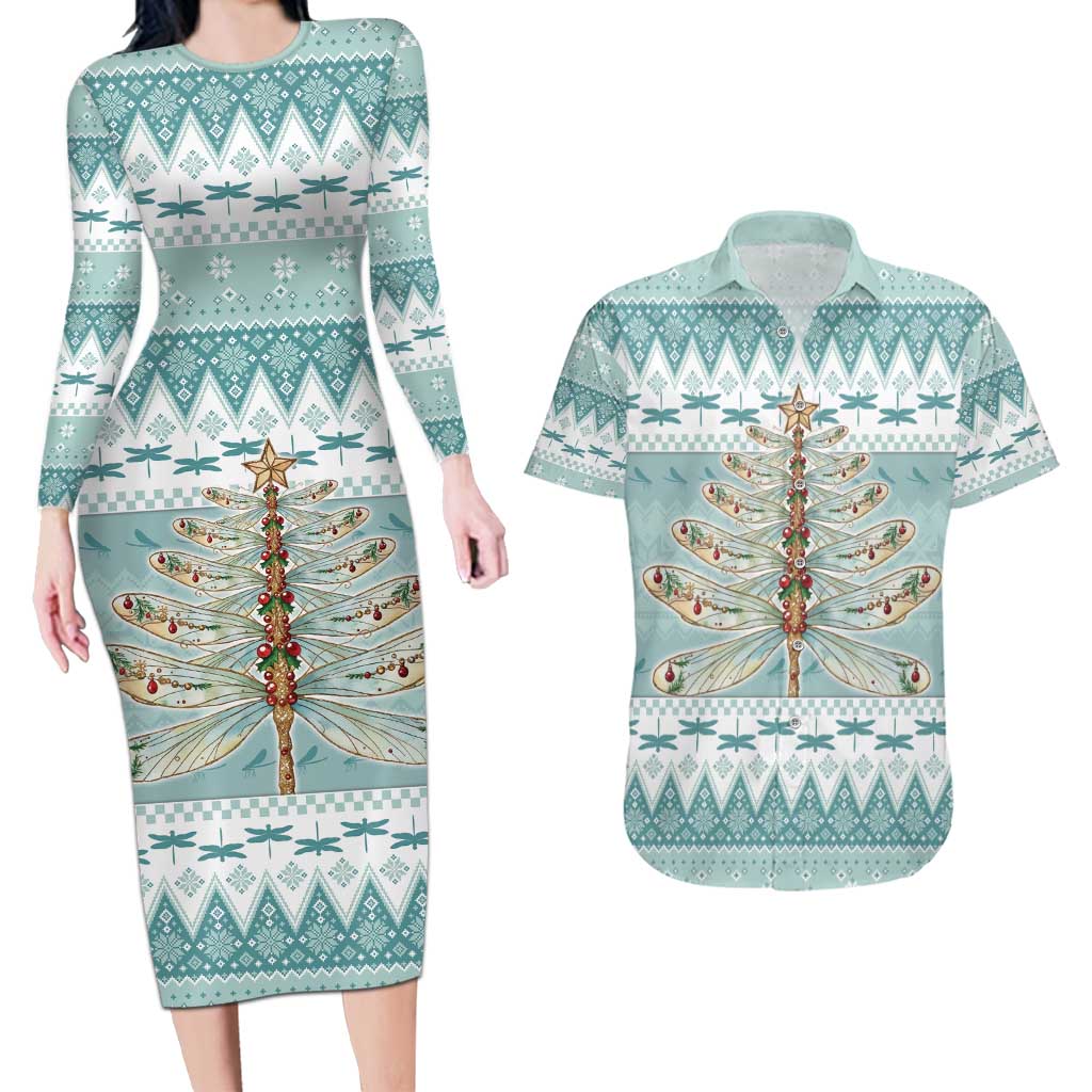 Dragonfly Christmas Couples Matching Long Sleeve Bodycon Dress and Hawaiian Shirt Frosty Minty Xmas Tree - Wonder Print Shop
