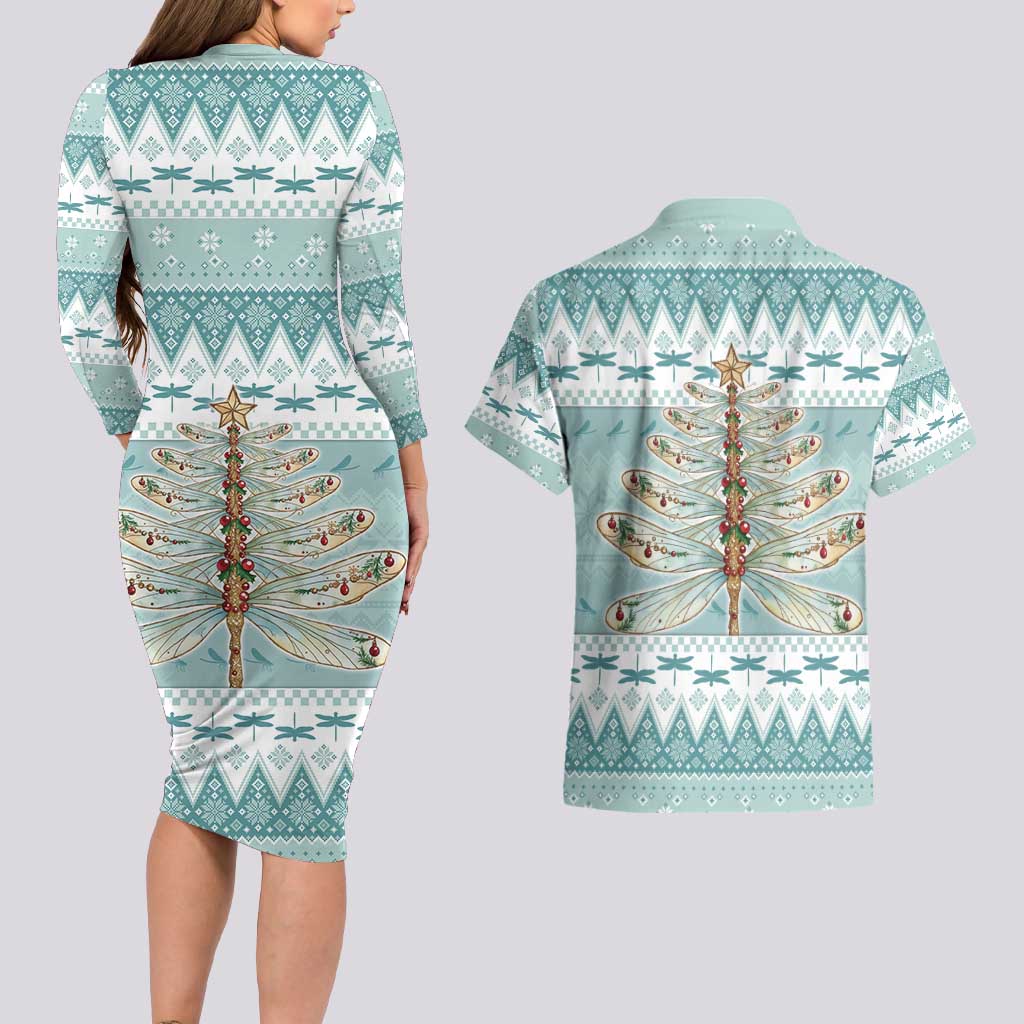 Dragonfly Christmas Couples Matching Long Sleeve Bodycon Dress and Hawaiian Shirt Frosty Minty Xmas Tree - Wonder Print Shop