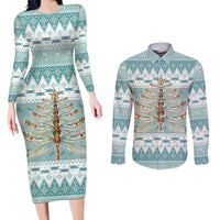 Dragonfly Christmas Couples Matching Long Sleeve Bodycon Dress and Long Sleeve Button Shirt Frosty Minty Xmas Tree - Wonder Print Shop
