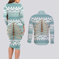 Dragonfly Christmas Couples Matching Long Sleeve Bodycon Dress and Long Sleeve Button Shirt Frosty Minty Xmas Tree - Wonder Print Shop