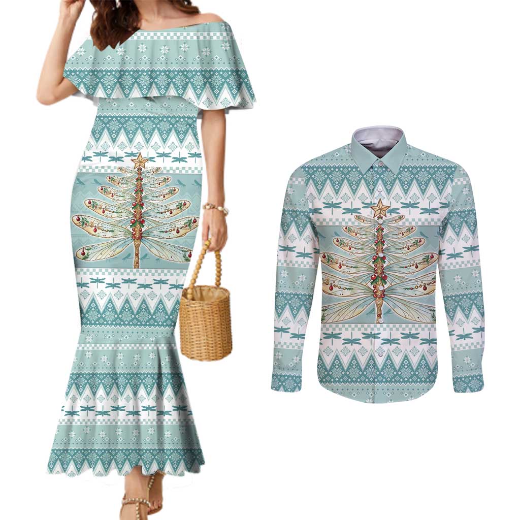 Dragonfly Christmas Couples Matching Mermaid Dress and Long Sleeve Button Shirt Frosty Minty Xmas Tree - Wonder Print Shop