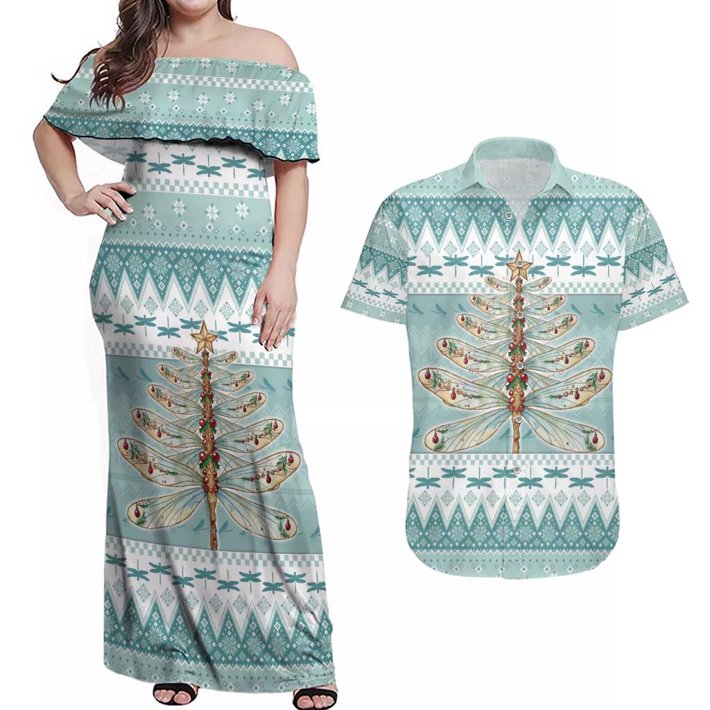 Dragonfly Christmas Couples Matching Off Shoulder Maxi Dress and Hawaiian Shirt Frosty Minty Xmas Tree - Wonder Print Shop