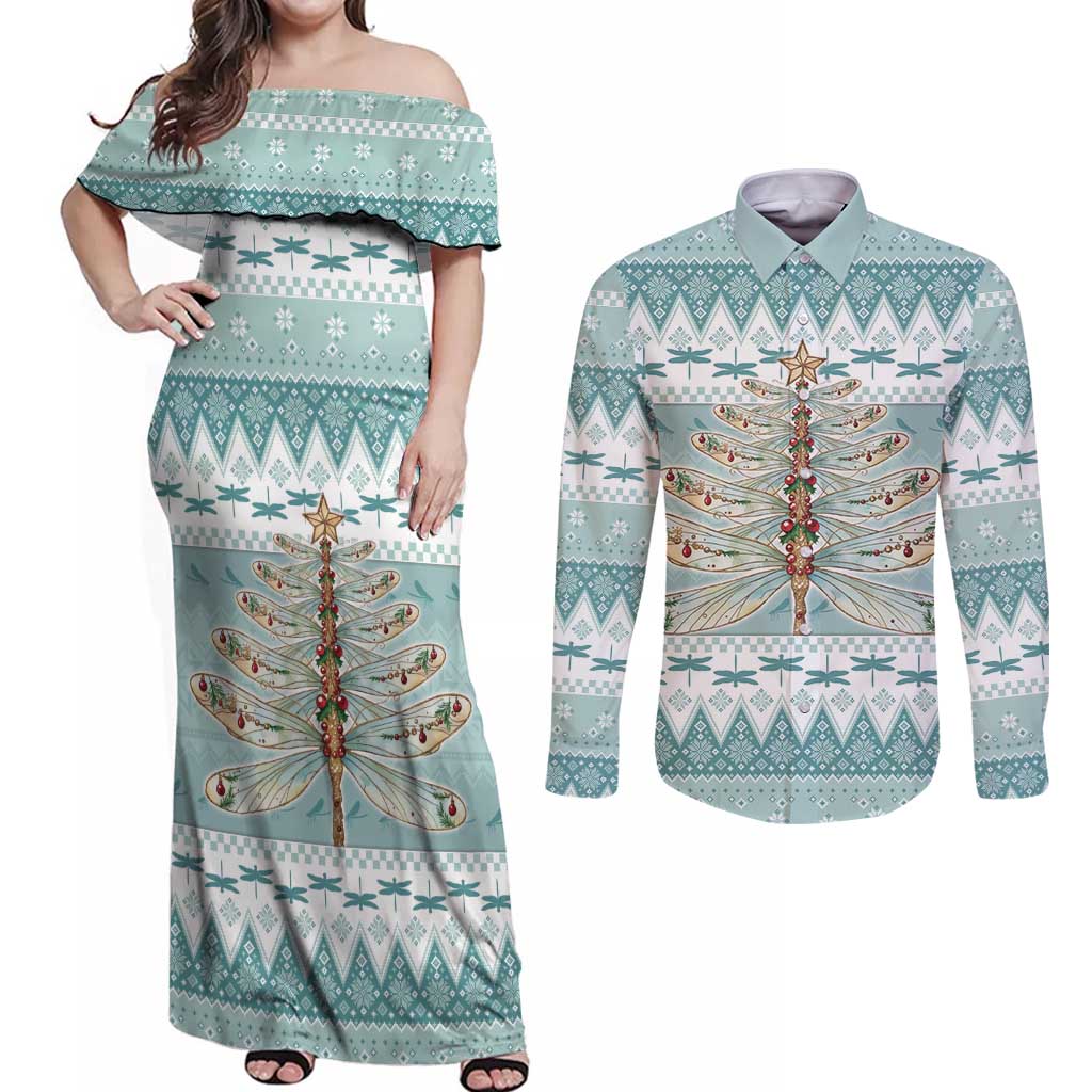 Dragonfly Christmas Couples Matching Off Shoulder Maxi Dress and Long Sleeve Button Shirt Frosty Minty Xmas Tree - Wonder Print Shop