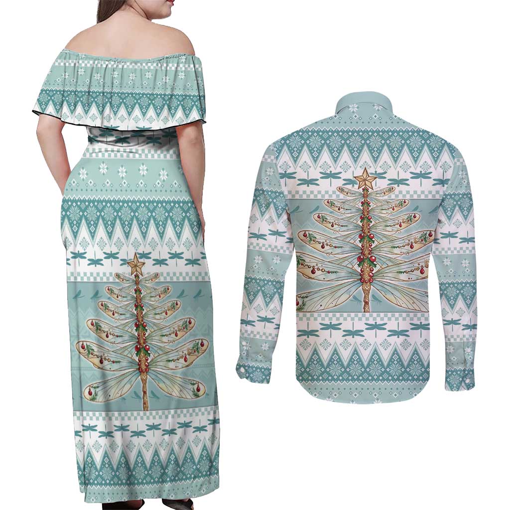 Dragonfly Christmas Couples Matching Off Shoulder Maxi Dress and Long Sleeve Button Shirt Frosty Minty Xmas Tree - Wonder Print Shop