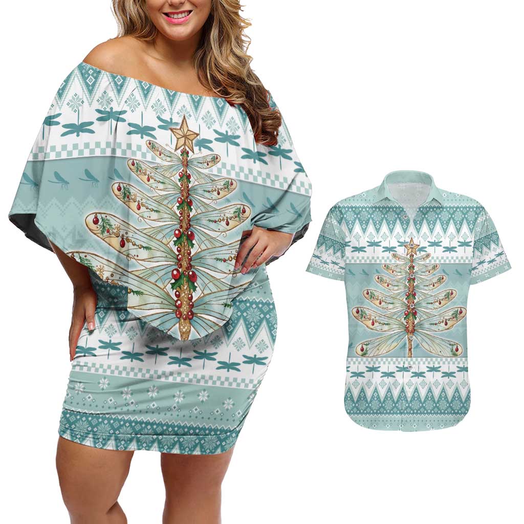 Dragonfly Christmas Couples Matching Off Shoulder Short Dress and Hawaiian Shirt Frosty Minty Xmas Tree - Wonder Print Shop