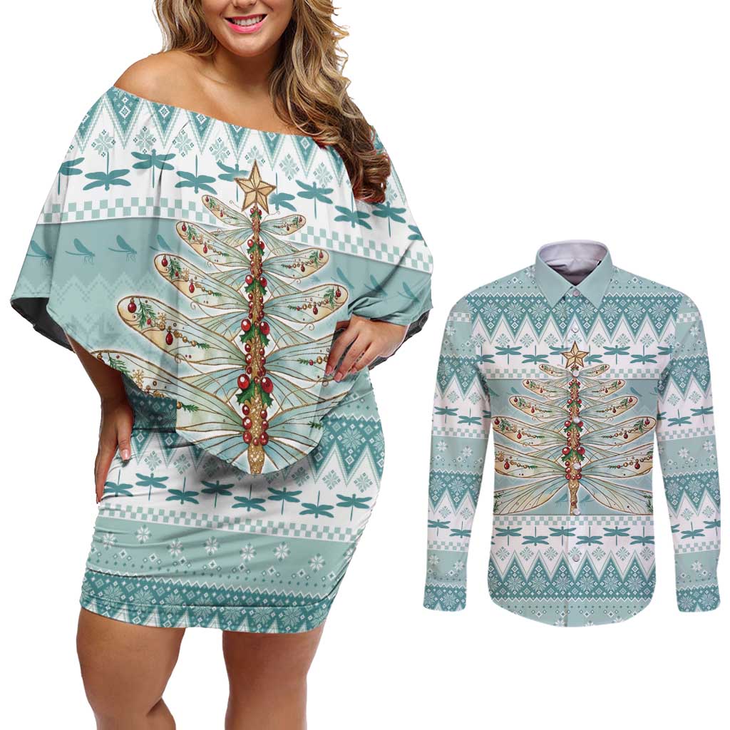 Dragonfly Christmas Couples Matching Off Shoulder Short Dress and Long Sleeve Button Shirt Frosty Minty Xmas Tree - Wonder Print Shop