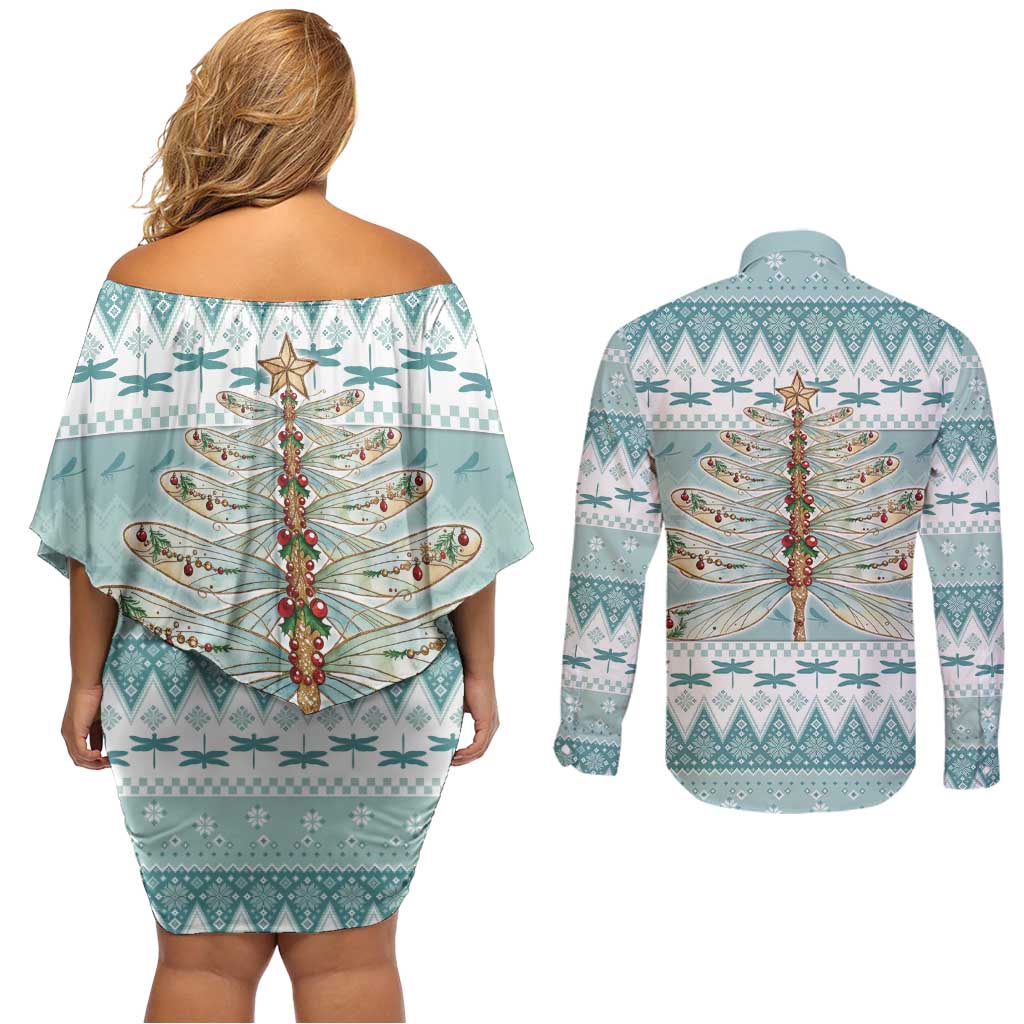 Dragonfly Christmas Couples Matching Off Shoulder Short Dress and Long Sleeve Button Shirt Frosty Minty Xmas Tree - Wonder Print Shop