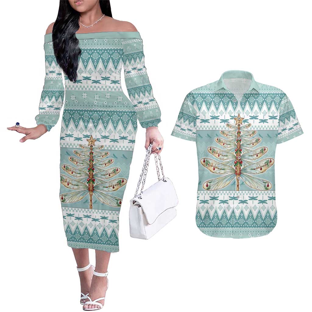 Dragonfly Christmas Couples Matching Off The Shoulder Long Sleeve Dress and Hawaiian Shirt Frosty Minty Xmas Tree - Wonder Print Shop