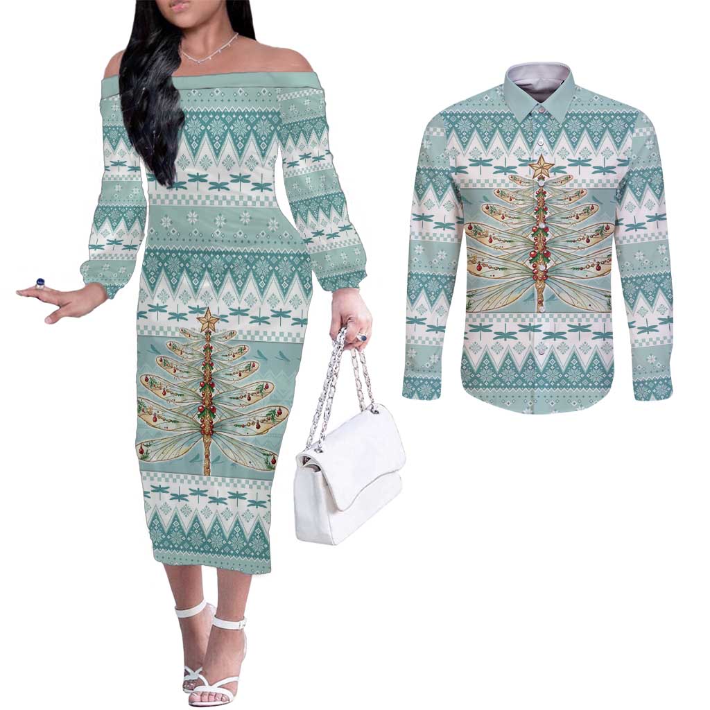 Dragonfly Christmas Couples Matching Off The Shoulder Long Sleeve Dress and Long Sleeve Button Shirt Frosty Minty Xmas Tree - Wonder Print Shop