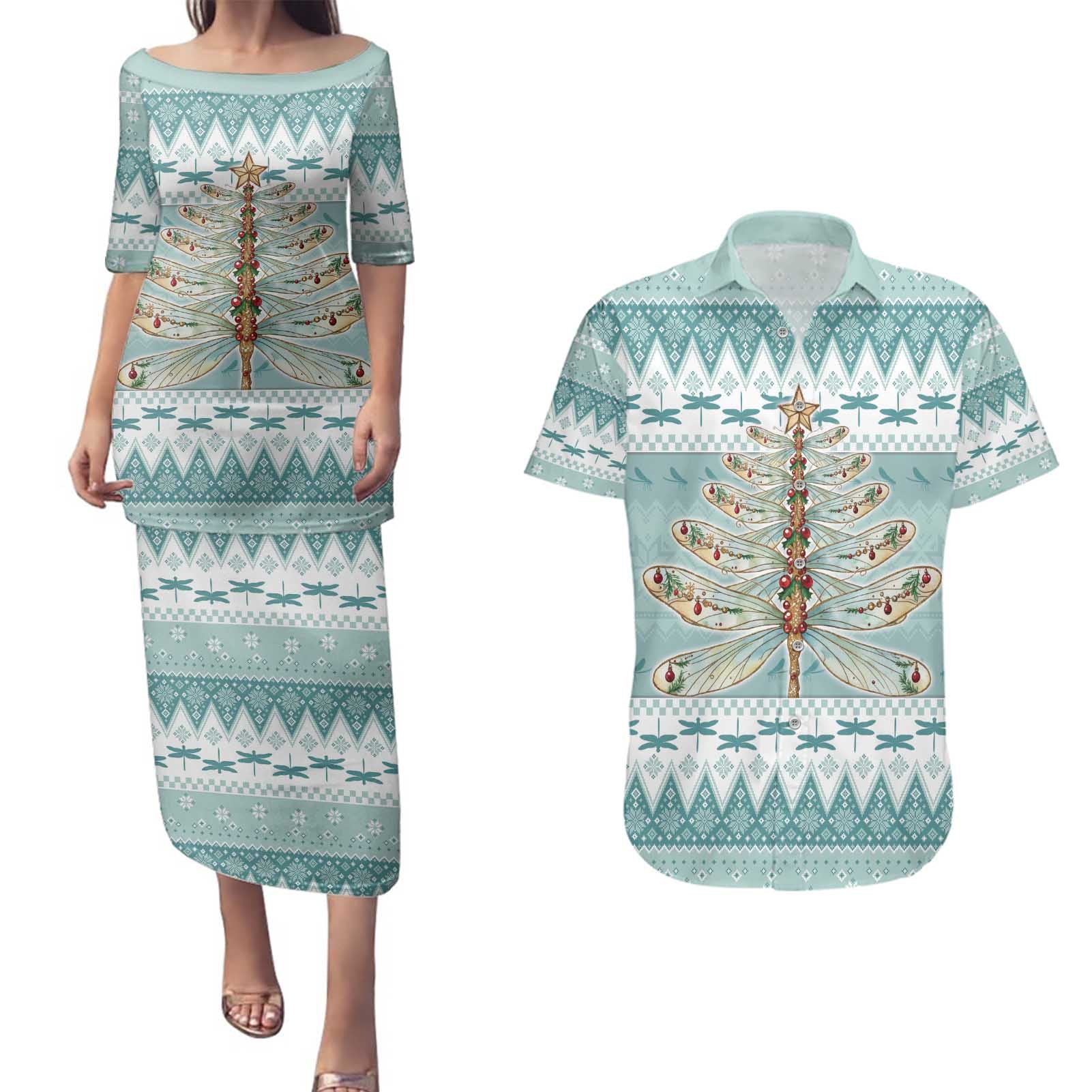 Dragonfly Christmas Couples Matching Puletasi and Hawaiian Shirt Frosty Minty Xmas Tree - Wonder Print Shop